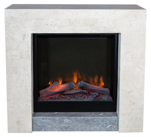 Camino elettrico Milos - Potenza di riscaldamento: 1400 Watt - Rivestimento in pietra naturale bianca - Camino decorativo