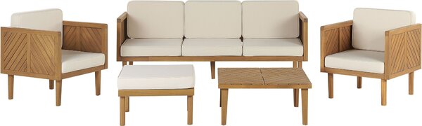 BELIANI Set di divani da giardino in legno di acacia chiaro crema bianco cuscini 5 posti design moderno giardino terrazza