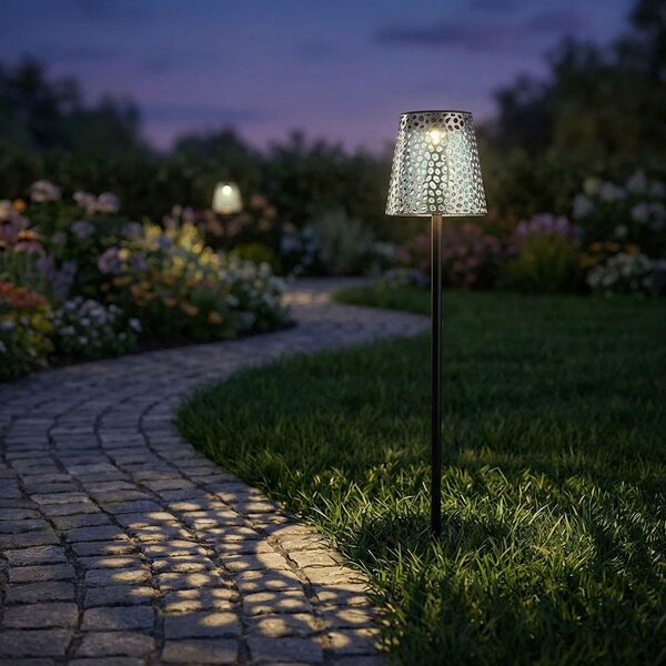 Lampada solare a LED, metallo, nera, con motivi decorativi traforati, H 70 cm
