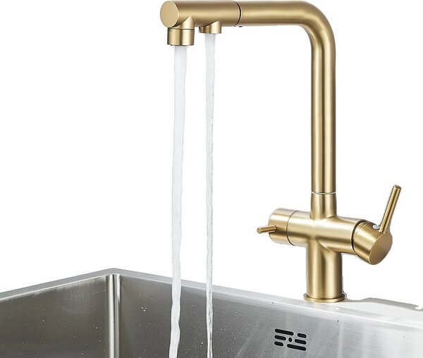 Miscelatore da cucina a due maniglie, acqua fredda e calda, bocca estraibile per acqua filtrata, oro a pennello