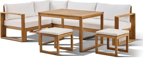 Set da pranzo angolare BOCARNEA in legno di acacia, modulare (l'angolo è girevole), composto da un tavolo e 2 sgabelli, con cuscini e coperture protettive color crema, per 6 persone (fino a 7)
