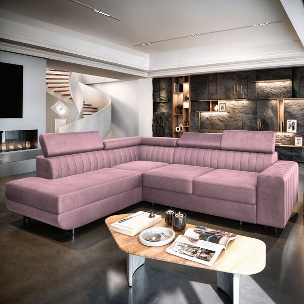 Divano angolare NOLA L-S di Masseno con funzione letto a L, divano con box letto, divano da salotto, divano, divano letto, set di divani - viola, MONOLITH 62