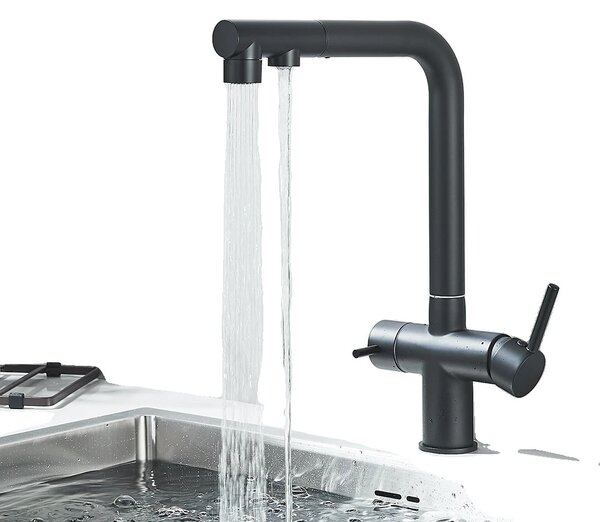 Miscelatore da cucina a due maniglie, acqua fredda e calda, bocca estraibile per acqua filtrata, nero opaco