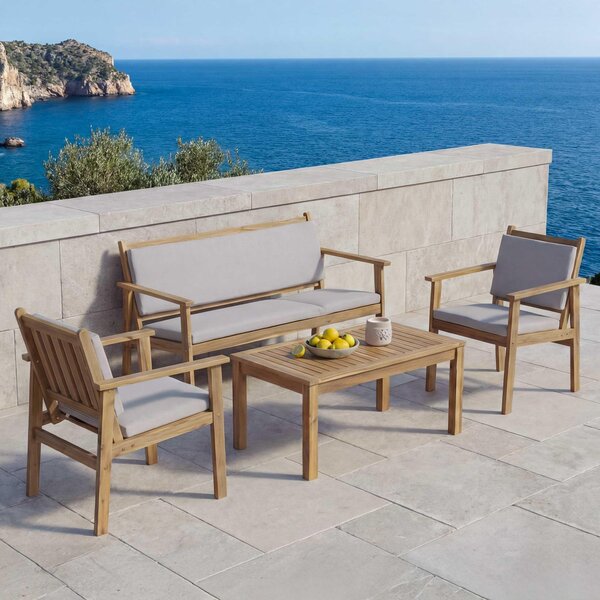 Set da giardino MCW-O19, set lounge composto da panca, poltrona e tavolo, legno di acacia MVG tessuto/textile (180 g/m²) ~ cuscini grigi