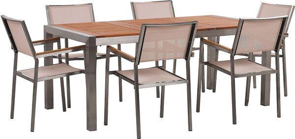 BELIANI Tavolo e sedie da giardino in legno di eucalipto chiaro 180 x 90 cm 6 sedie impilabili beige