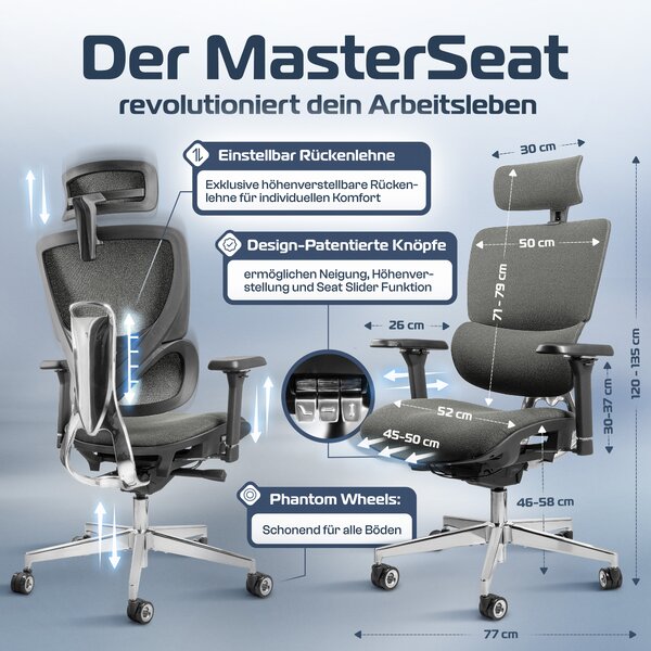 CLOUVOU MasterSeat grigio sedia da ufficio, sedia da scrivania, ergonomica, sedia direzionale per studio, tessuto QuantumFlex, sedia ergonomica, sedia girevole 150 kg
