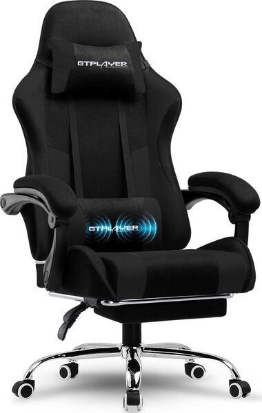 Sedia da gioco GTPLAYER, sedia da ufficio, sedia ergonomica per PC, poltrona da gioco con supporto lombare massaggiante, poggiapiedi e poggiatesta, tessuto nero