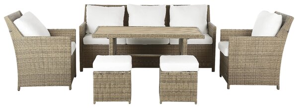 BELIANI Set di divani da giardino per 5 persone in rattan artificiale marrone con cuscini bianchi Tavolo rettangolare e 2 poltrone 2 sgabelli