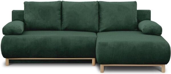 Divano letto MIKA con spazio contenitore, divano angolare con lato destro, tre posti, rivestito in velluto a coste color verde scuro (100% poliestere)