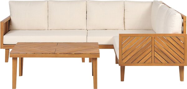 BELIANI Set di divani angolari da giardino in legno di acacia chiaro crema cuscini bianchi 5 posti con tavolino design moderno giardino terrazza