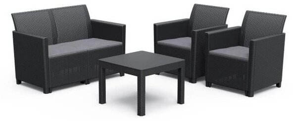 Set di mobili da giardino Keter MARIE per 4 persone, colore nero, con effetto rattan in resina, composto da una panca per 2 persone, 2 poltrone e un tavolino