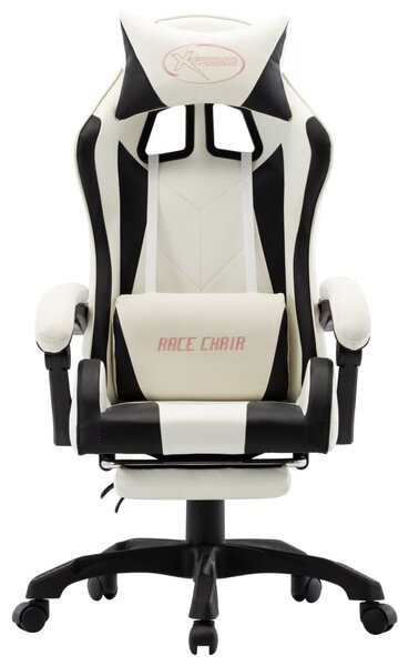 Sedia da Gaming con Poggiapiedi Nera e Bianca in Pelle finta