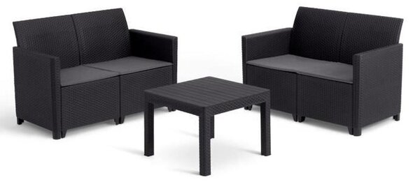 Set modulare da giardino Keter MARIE per 4 persone, color nero, aspetto intrecciato, realizzato in resina (composto da 2 divani a 2 posti o 1 divano a 3 posti + 1 poltrona), completo di tavolino e cuscini