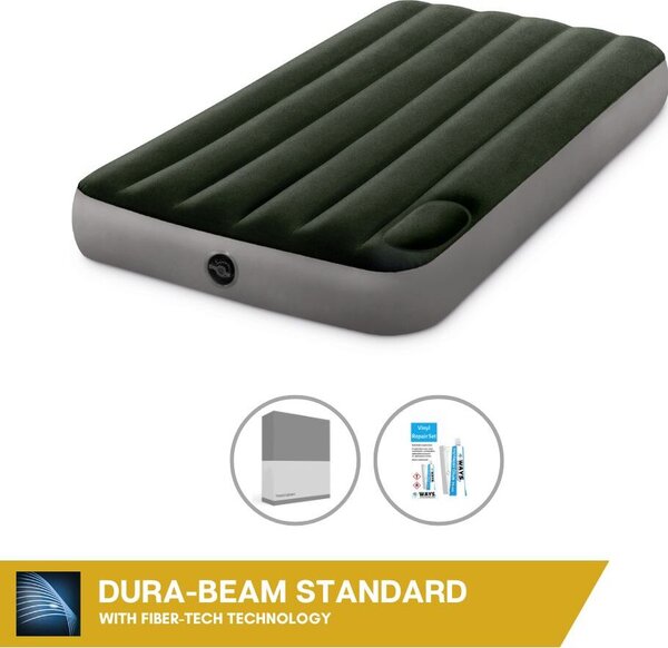 Letto ad aria Intex - 1 persona - 99 x 191 x 25 cm - Verde - Con pompa a pedale incorporata + lenzuola antracite + set di riparazione