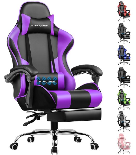 GTPLAYER sedia da gioco, sedia da scrittura, sedia da ufficio ergonomica con funzione massaggio e poggiapiedi, ringhiera viola