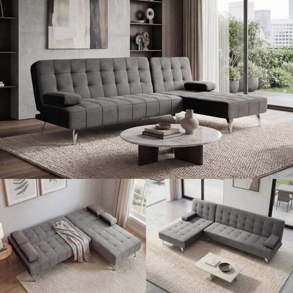 Divano letto MCW-K22, divano divano angolare, superficie reclinabile sinistra/destra funzione letto 236cm ~ tessuto/tessuto grigio scuro, nero
