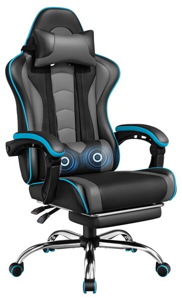 Sedia da gaming - Con funzione massaggio - Poggiapiedi - Nero e grigio - Fino a 136 kg - Per lunghe sessioni di gioco