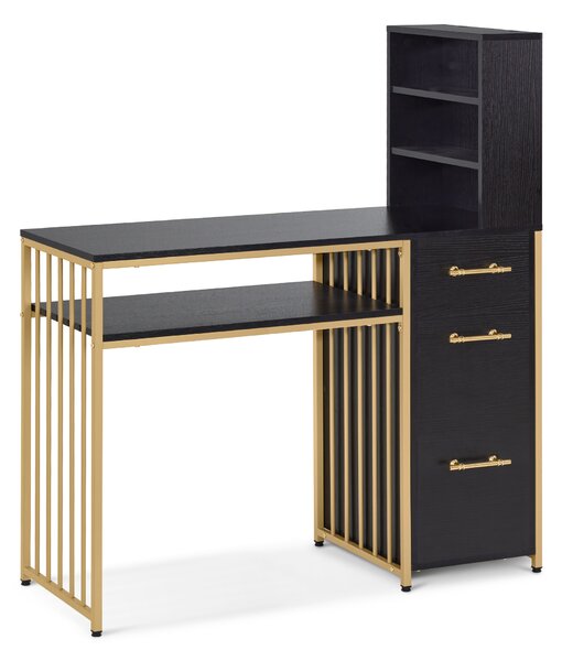 Scrivania M MCombo con 3 cassetti, tavolino da manicure in legno con struttura in metallo, tavolino da manicure nero e oro, tavolino da trucco senza specchio in stile moderno, 2420GBK