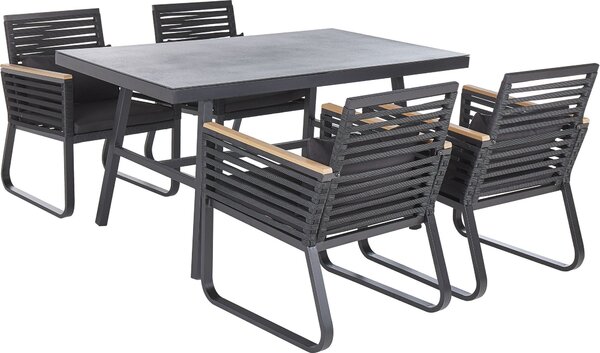 BELIANI Set di mobili da giardino in alluminio nero tavolo 150x90 rettangolare in pietra 4 sedie con braccioli cuscini arredo esterno terrazzo