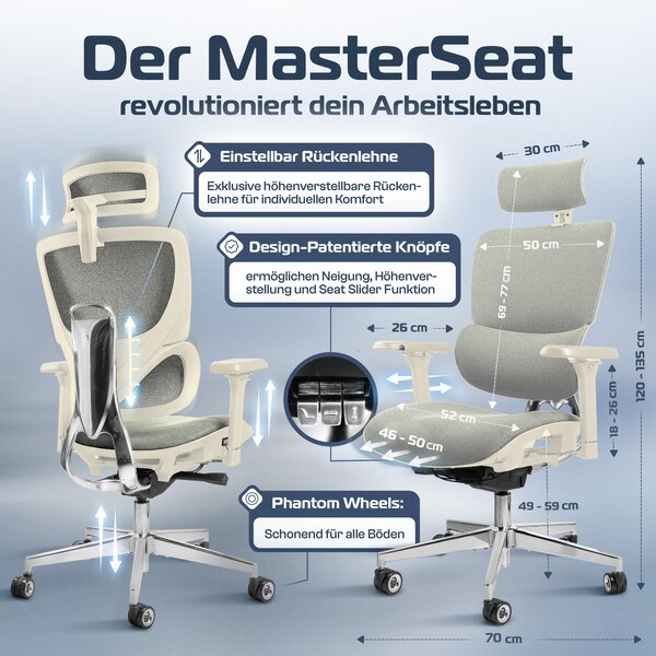 CLOUVOU MasterSeat bianco crema, sedia da ufficio, sedia da scrivania, ergonomica, sedia direzionale per studio, sedia ergonomica, sedia girevole 150 kg