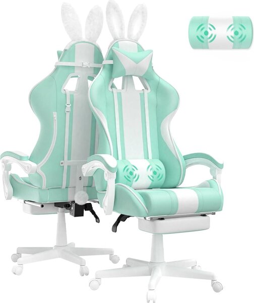 Sedia da gioco Poltrona da gioco ergonomica con poggiapiedi Sedia da gioco con poggiatesta e cuscino lombare Sedia per PC Sedia per computer da corsa Orecchie di coniglio Verde menta