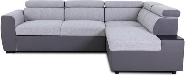 Divano angolare modulare CASAPY KELIO, reversibile, con funzione letto, per 4/5 persone, dotato di 3 poggiatesta regolabili, rivestito in ecopelle grigio antracite e poliestere grigio. Superficie di riposo: 117x187 cm. Include un vano contenitore