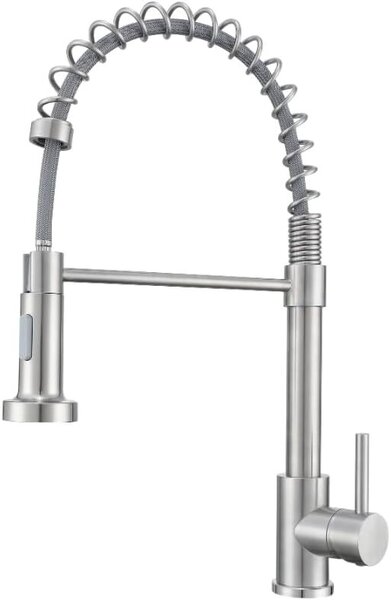 Rubinetto da cucina VBChome Inox Acciaio inossidabile spazzolato con bocca estraibile, molla decorativa e selettore del getto – Rubinetto professionale per lavello 360°