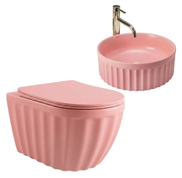 Set: WC sospeso + Lavabo da appoggio Rea Duo Sweet Pink Matt