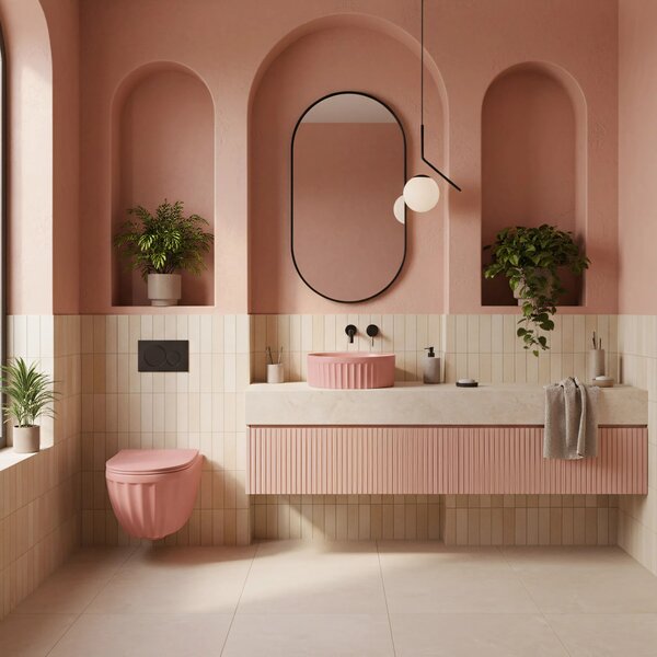 Set: WC sospeso + Lavabo da appoggio Rea Duo Sweet Pink Matt
