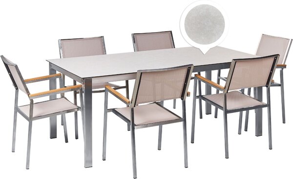 Set da pranzo da giardino BELIANI Piano del tavolo bianco in vetro Struttura in acciaio inox beige Set di 6 sedie Stile moderno per esterni