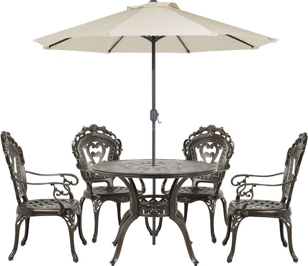 BELIANI Set da pranzo da giardino tavolo rotondo in metallo alluminio marrone 4 sedie ombrellone design vintage