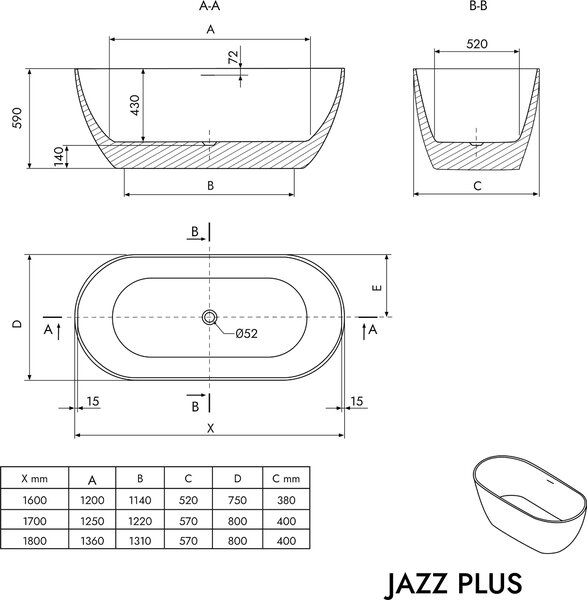 Vasca da bagno freestanding JAZZ PLUS 2.0 - Acrilico - Bianco lucido - 160 x 75 x 59 cm