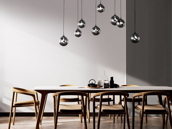 Lampada a sospensione LED design multi-fiamma nero con 8 globi in vetro fumé, lunghezza 115 cm