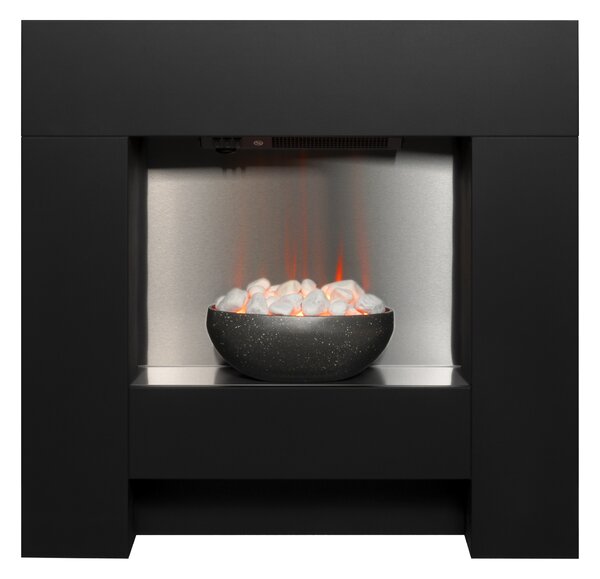 Suite camino elettrico Adam Cubist in nero strutturato, dimensioni 87,5 cm x 90,5 cm x 18 cm con effetto luce ambientale a LED e potenza termica 1kW - 2kW