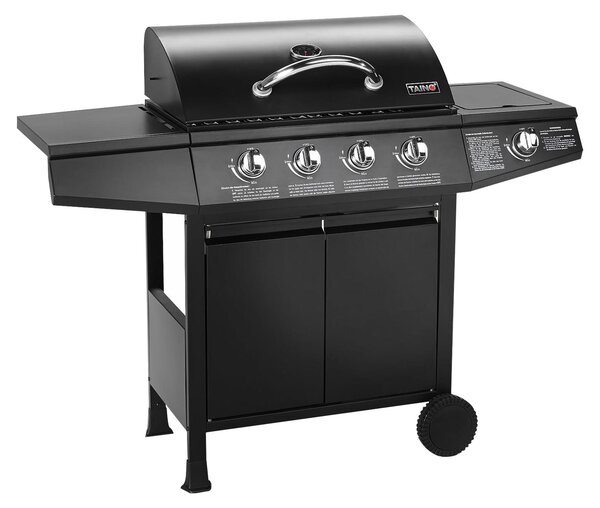Barbecue a gas Griglia su ruote Basic 4+1 - Acciaio inossidabile - 126 x 103 x 50 cm - Con bruciatore laterale e termometro - Per terrazzo e giardino