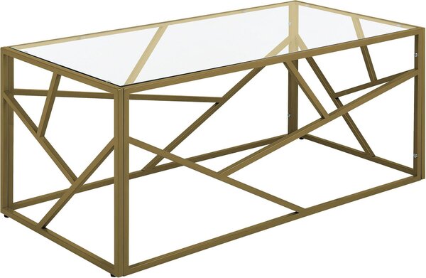 Tavolino BELIANI con struttura in metallo dorato e piano in vetro con disegno geometrico Glam