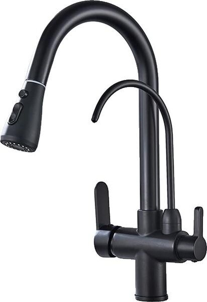Rubinetto per acqua, doppia maniglia, doccetta estraibile, nero opaco