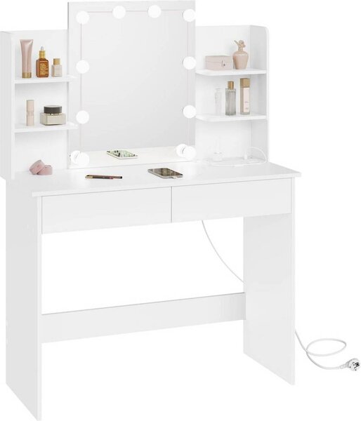 WOLTU Tavolino da toilette con illuminazione LED, prese di corrente, specchio, 2 cassetti, bianco