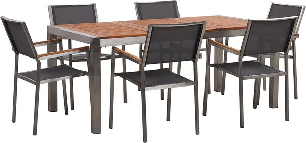 BELIANI Set tavolo e sedie da giardino in eucalipto chiaro 180 x 90 cm, 6 sedie impilabili grigie
