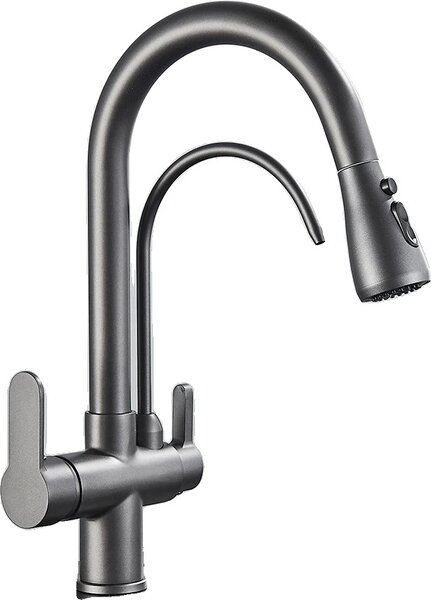Rubinetto da cucina, struttura in ottone resistente, funzionamento a doppia maniglia, colore grigio B