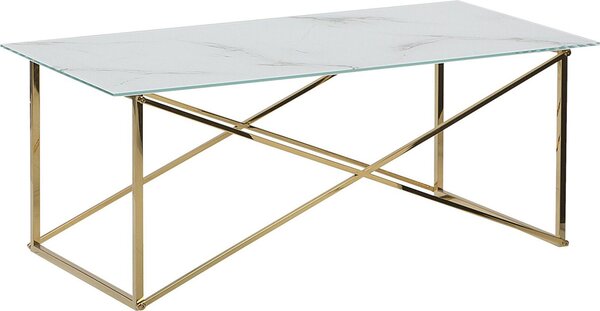 BELIANI Tavolino rettangolare effetto marmo Piano bianco gambe oro Piano in vetro temperato Base in acciaio inox 100 x 50 cm Glam Minimalist