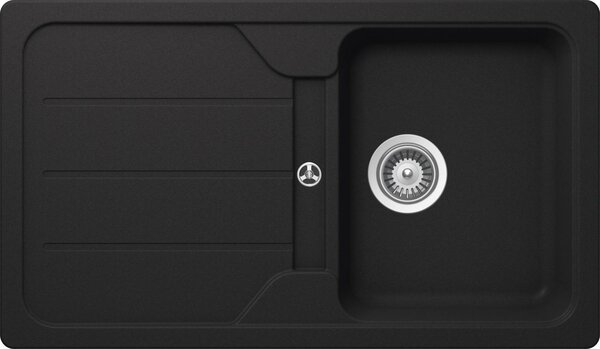 Lavello in granito Victory SR860 in nero 860 x 500 mm reversibile, incl. set di raccordi eccentrici girevoli