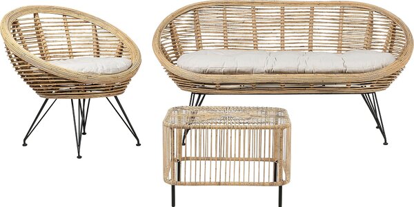 BELIANI Set divano 3 posti con tavolino in rattan naturale cuscino di seduta in cotone beige chiaro interno esterno stile boho