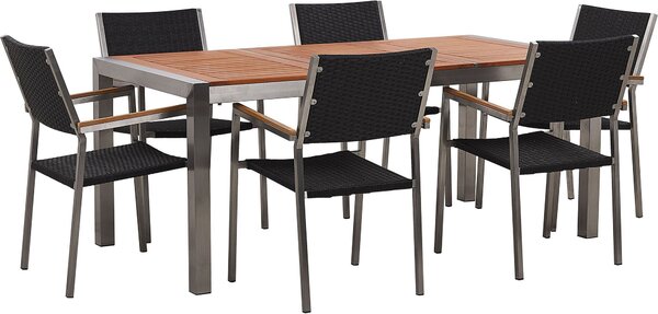 BELIANI Set di mobili da giardino tavolo e sedie, legno di eucalipto chiaro 180 x 90 cm, 6 sedie in rattan nero