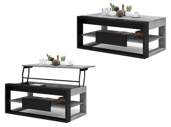 FRAME Cemento Millenium/Nero Opaco - MODERNO TAVOLINO CON PIANO SOLLEVABILE + PORTAOGGETTI + MENSOLA