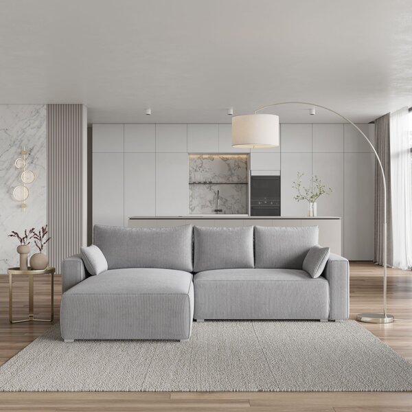 Divano angolare Masseno FORIL P con funzione letto a L, divano con box letto, divano da salotto, divano, divano, divano letto, set di divani - grigio chiaro, POSO 55