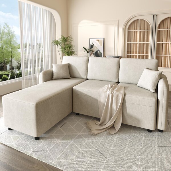 Divano angolare L, 3 posti, dimensioni 187,5x144x85,5 cm, rivestito in chenille, con ampia superficie di appoggio (144 cm), ideale per il soggiorno o per la residenza universitaria, completo di 2 cuscini