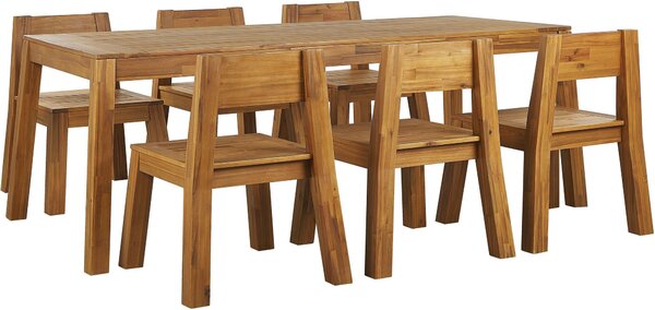 BELIANI Set di mobili da pranzo da giardino 7 pezzi in legno massiccio di acacia chiaro, tavolo e 6 sedie, stile rustico moderno per esterni e interni