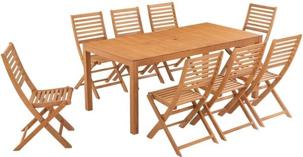 Set da pranzo HAVANAin eucalipto per 8 persone: tavolo da giardino 180x90 cm + 8 sedie pieghevoli con braccioli