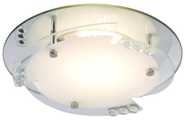 Lampada da soffitto a LED, vetro bianco, cristalli, bordo a specchio, diametro 25 cm